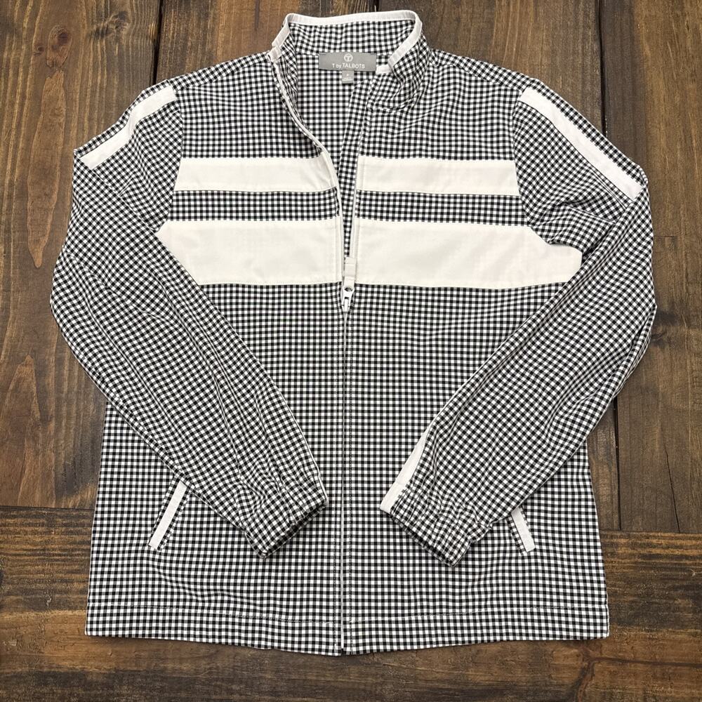 Talbots Jacket Zips Black & White Checkered White Stripe Trim Petite (small)‎
